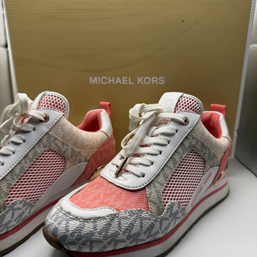 Michael Kors Womens Low Top Sneakers Coral White Logo Mesh Trainers Rose Gold - Picture 11 of 11